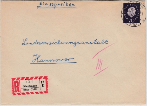 BRD - Nienhagen ü. Celle 1961 Poststelle I Einschreibebrief n. Hannover