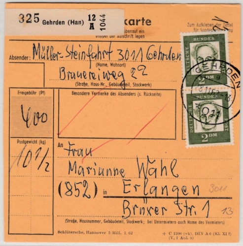 BRD - 2x2 M. Hauptmann, Paketkarte Gehrden - Erlangen 1962