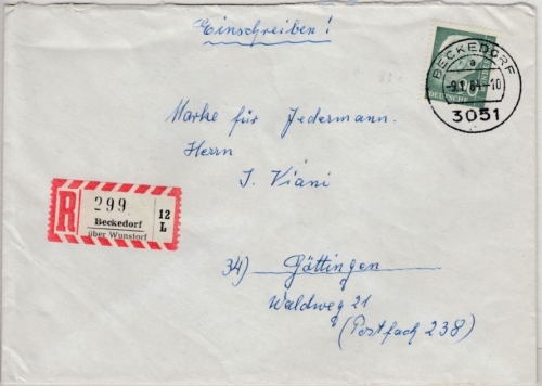 BRD - Beckedorf ü. Wunstorf, Poststelle I, Einschreibebrief n. Göttingen 1964