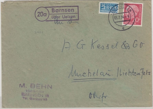 BRD - (20a) Barnsen ü. Uelzen, Landpost-Ra2 a. Brief n. Michelau 1954