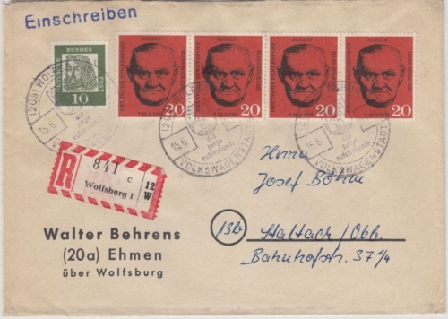 BRD - Wolfsburg Volkswagenstadt, Handwerbestpl. a. Einschreibebrief 1961 n.