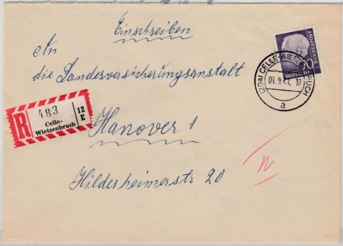 BRD - 70 Pfg. Heuss II, Einschreibebrief Celle4-Wietzenbruch - Hannover 1961