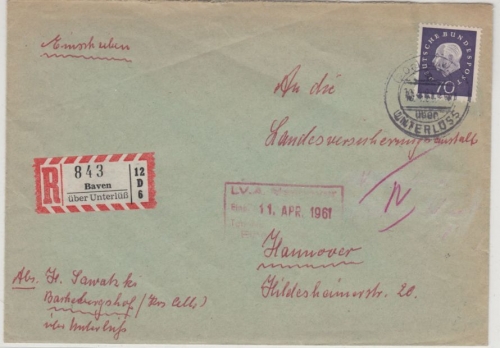 BRD - Baven ü. Unterlüß, Poststelle I, Einschreibebrief n. Hannover 1961