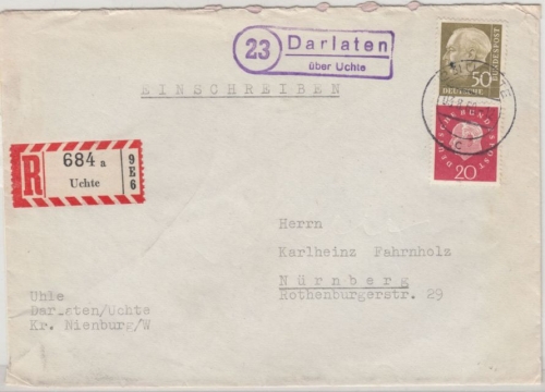 BRD - (23) Darlaten ü. Uchte, Landpost-Ra2 a. Einschreibebrief n. Nürnberg 1960