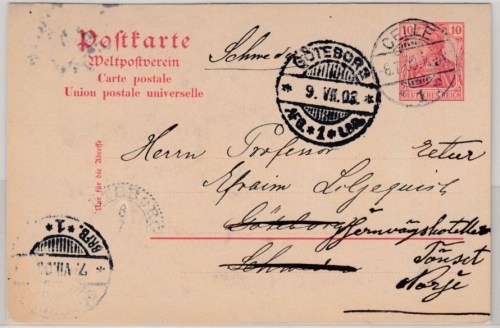DR - 10 Pfg. Germania GA-Karte n. SCHWEDEN/Weiterleitung NORWEGEN, Celle 1903