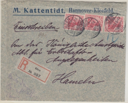 DR - 3x10 Pfg. Germania, Einschreibebrief (Briefkasten !) Ilten - Hameln 1909