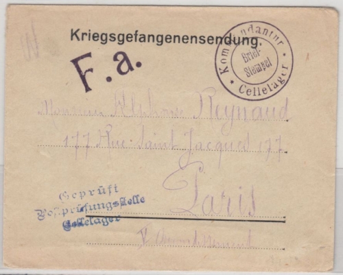 DR - Cellelager (ca. 1916), Kriegsgefangenenbrief n. FRANKREICH, Lagerzensur