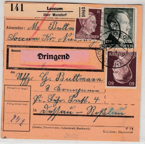 DR - Loccum ü. Wunstorf, Poststelle I, Dringend-Paketkarte n. Dessau 1944