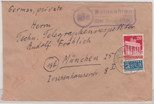 Bizone - (20a) Reinsehlen ü. Soltau, Landpost-Ra2 a. Brief n. München 1949