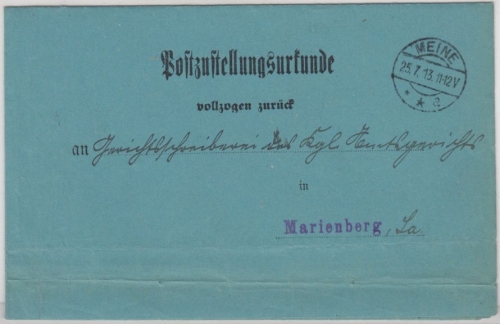 DR - Meine 1913, Postzustellurkunde n. Marienberg