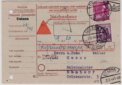 All.Bes./Kontrollrat - 40+6 Pfg. Arbeiter, Nachnahmekarte Uelzen - Ebstorf 1948