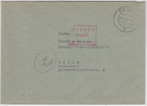All.Bes. - Celle 14.9.45, Gebühr bezahlt, Ra3 a. Brief n. Celle