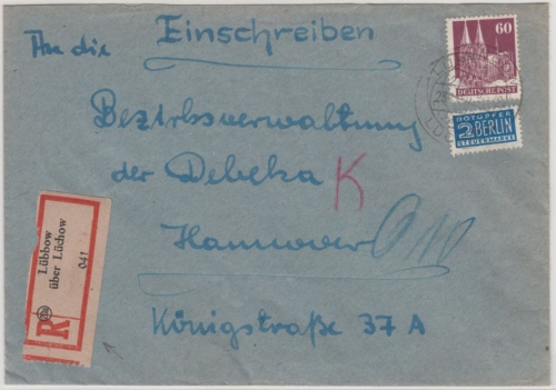 Bizone - Lübbow ü. Lüchow, Poststelle I, Einschreibebrief n. Hannover 1950