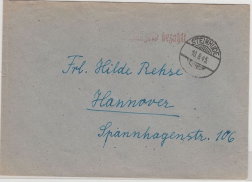 All.Bes. - Steinhude 18.8.45, Zustellgeld bezahlt, L1 a. Brief n. Hannover