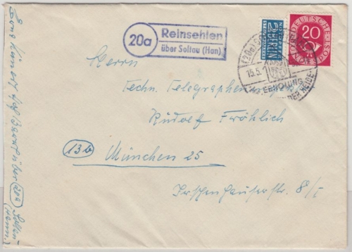 BRD - (20a) Reinsehlen ü. Soltau (Han), Landpost-Ra2 a. Brief n. München 1953