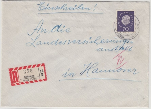 BRD - Scheuen ü. Celle, Poststelle I, Einschreibebrief n. Hannover 1961
