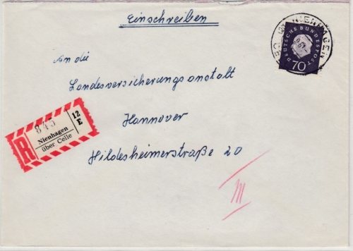 BRD - Nienhagen ü. Celle, Poststelle I, Einschreibebrief n. Hannover 1961