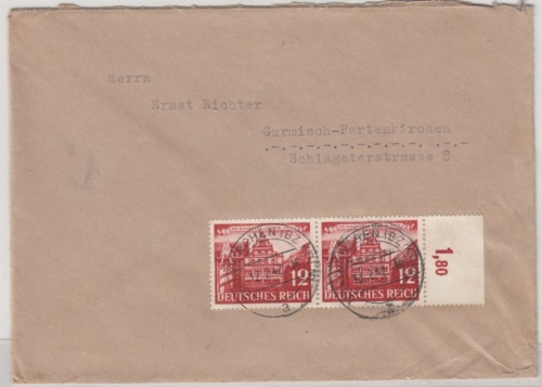 DR - 2x12 Pfg. Leipziger Messe/Oberrand, Brief Neunkirchen - Garmisch 1942