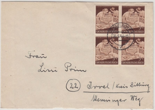 DR - 3 Pfg. Mutter & Kind, 4er-Block, Brief Düsseldorf - Irrel 1944