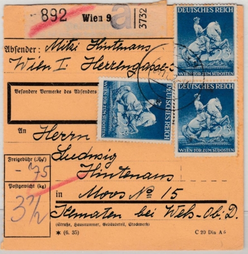 DR - 3x25 Pfg. Wiener Messe, Paketkarte Wien - Moos 1942