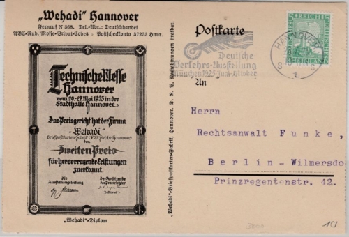 DR - Hannover 1925, Dt. Verkehrsausstellung München, Masch.werbestpl., illustr.