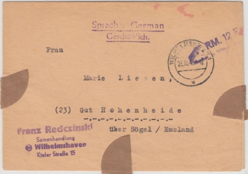 All.Bes. - Wilhelmshaven 23.10.45, 12 Rpf. Nachw. in..., L2 a. Faltbrief n.