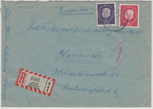 BRD - Aurich-Oldendorf ü. Aurich, Poststelle I Einschreibebrief n. Hannover 1961