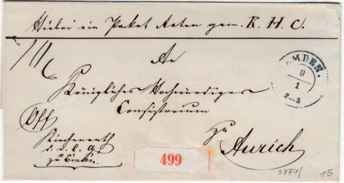 Hannover - Emden 9/1, blauer K2 a. Paketbegleitbrief n. Aurich undat. Briefhülle
