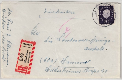 BRD - Münkeboe ü. Aurich, Poststelle I, Einschreibebrief n. hannover 1961