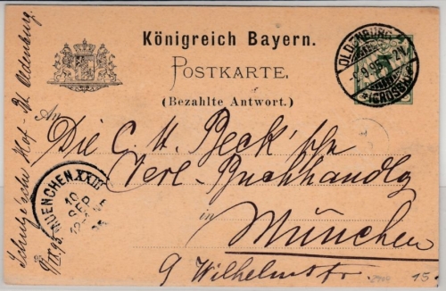 Bayern - Oldenburg 1895, Fremdentwertung a. 5 Pfg. GA-Karte/A-Teil n. München