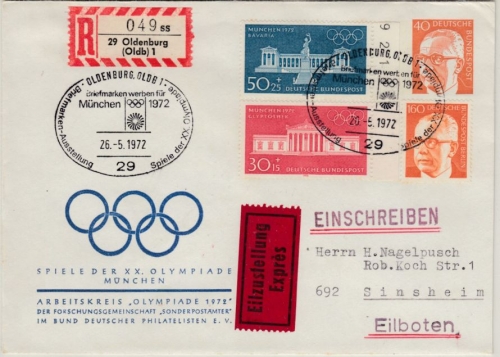 BRD - 40 Pfg. Heinemann Privat-GA-Umschlag+Zusatz Eil-R-Brief SST Oldenburg 1972