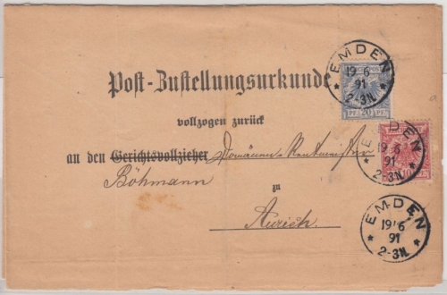 DR - 20+10 Pfg. Krone/Adler, Post-Zustellurkunde Emden - Aurich 1891