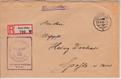 DR - Varel 1938, Frei d. Ablösung/Einschreibebrief n. Spohle - R-Zettel !!