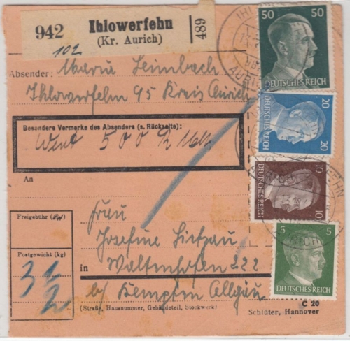 DR - Ihlowerfehn ü. Aurich, Poststell I, Wertpaketkarte n. Kempten 1943
