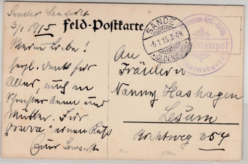 DR - Matrosen-Artl.Abtlg. Wilhelmshaven, Briefstpl. a. Feldpostkarte Sande 1915