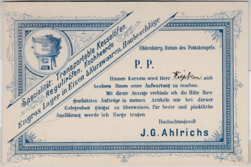 DR - Oldenburg 1903, dek. illustr. Werbedrucksachenkarte (transport. Kesselöfen)