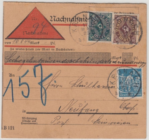 DR-Infla - 50 M. Posthorn u.a., Nachnahmekarte Kronach . Neufang 1923