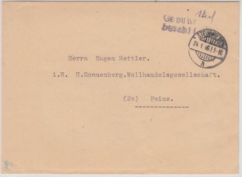 All.Bes. - Steinwiesen 24.1.46, Gebühr bezahlt, L2 a. Brief n. Peine