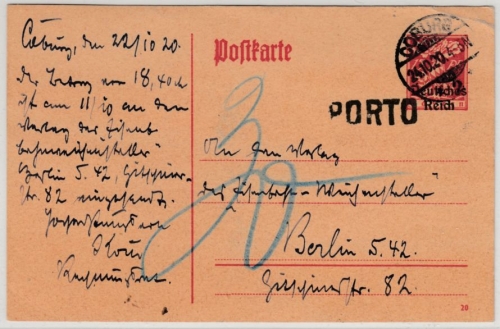 DR - 15 Pfg. Abschied/DR GA-Karte Coburg - Berlin 1920, Nachporto