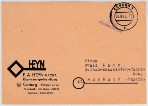 All.Bes. - Coburg 9.9.46, 12 Rpf. Gebühr bezahlt, L2 a. Karte n. Ansbach