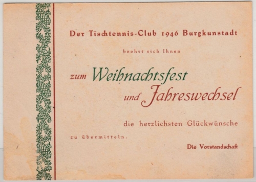 Bayern - Burgkundstadt 1946, Weihnachts-/Neujahrs-Glückwunschkarte Tischtennis-