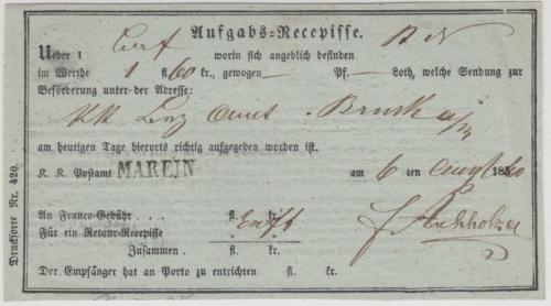 Österreich - Marein (1860), L1 a. Aufgabs-Recepisse f. Wertbrief n. Bruck/Mur