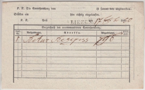 Österreich - Liezen (1850), L1 a. Recepissen-Nachweis m. Gebührenvermerk