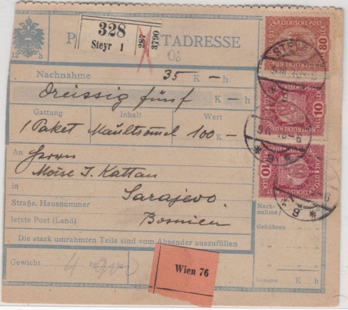 Österreich - 80+2x10 H. Wappen, Nachnahme-Paketkarte n. BOSNIEN, Steyr 1918 n.