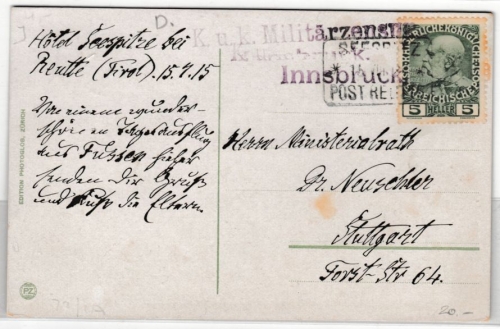 Österreich - Seespitz Post Reutte, Postablage-Ra3 a. AK n. Stuttgart 1915 Zensur
