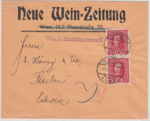 Österreich - 2x15 H. Franz-Joseph, Zensurbrief i.d. SCHWEIZ, Wien - Meilen 1917