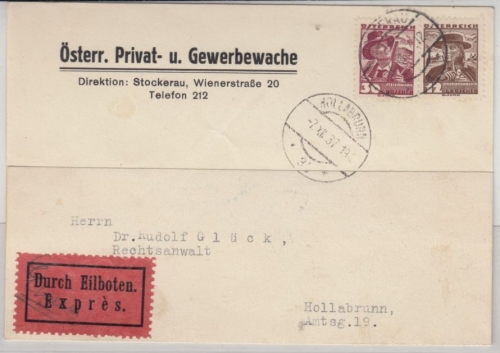 Österreich - 12+30 Gr. Trachten, Eilkarte Stockerau - Hollabrunn 1937