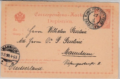 Bosnien/Herzegowina - 2 Kr. GA-Karte/F-Teil, KuK Militärpost Sarajevo - Mannheim