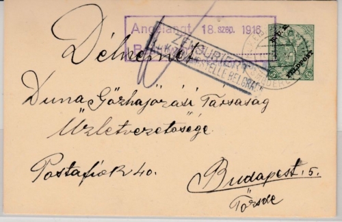 Österreich/KuK-Feldpost - 5 H. GA-Karte, Smederevo - Budapest 1916, Zensur-Ra2