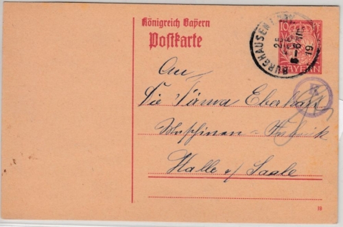 Bayern - 10 Pfg. GA-Karte Hupp, Burghausen - Halle 1919, Durchlaufzensur "K"